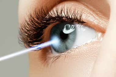 Laser vision correction. Woman's eye. Human eye. Woman eye with laser correction. Eyesight concept. Future technology, medicine and vision concept clipart