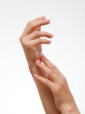 Güzel Kadın Elleri. Spa ve Manikür konsepti. Fransız manikürlü bir kadın eli. Yumuşak ten, cilt konsepti. Güzellik tırnakları.