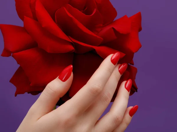 Mains de beauté avec manucure de mode rouge et fleur brillante. Beau vernis rouge manucuré sur les ongles. Cosmétiques et maquillage faisables — Photo