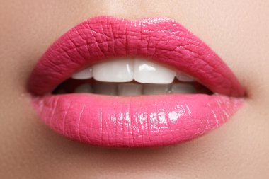 Perfect smile after bleaching. Dental care and whitening teeth. Woman smile with great teeth. Close-up of smile with white healthy teeth