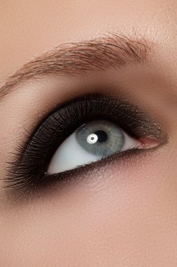 Macro shot of woman's beautiful eye with extremely long eyelashes. Sexy view, sensual look. Fashion smoky makeup.