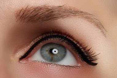 Macro shot of woman's beautiful eye with extremely long eyelashes. Sensual look. Sexy view. Beautiful female eye with sexy black liner makeup. Chic evening make-up