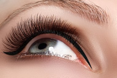 Son derece uzun kirpikli, güzel bir kadının makro görüntüsü. Seksi görünüm, şehvetli görünüm. Uzun kirpikli bir kadın gözü.