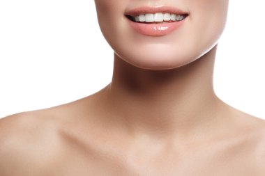 Laughing beautiful woman with clean fresh skin over white background. Beauty portrait. Woman smiling. Perfect fresh skin. Youth and skin care concept