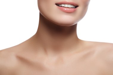 Laughing beautiful woman with clean fresh skin over white background. Beauty portrait. Woman smiling. Perfect fresh skin. Youth and skin care concept