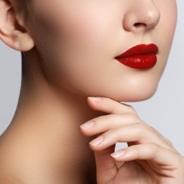 Beautiful young model with red lips and french manicure. Part of female face with red lips. Close-up shot of woman lips with glossy red lipstick. Glamour red lips make-up, purity skin. Retro beauty style
