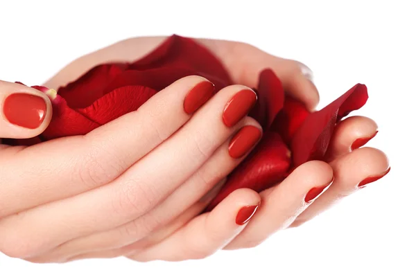 Hermosas uñas de dedo hembra con uña roja de cerca en pétalos. Manicura perfecta. Las manos de la mujer con las uñas rojas manicura primer plano y rosa. Cuidado de la piel y las uñas . — Foto de Stock