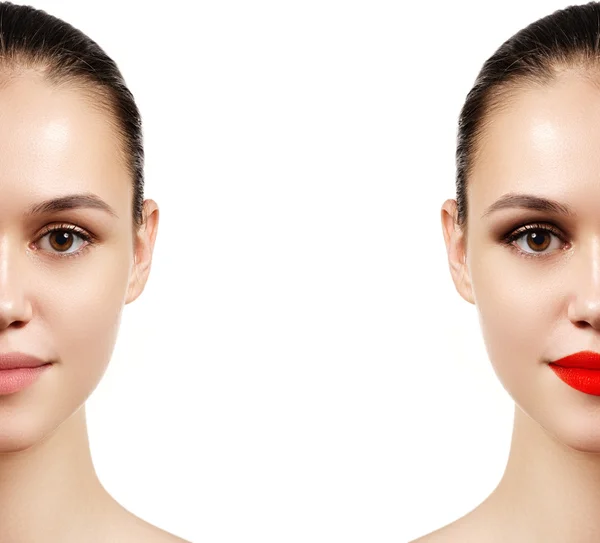 Mulher bonita antes e depois da maquiagem se candidatar. Retrato de comparação. Duas partes do rosto modelo com e sem maquiagem. Duas partes do rosto, com maquiagem brilhante e natural — Fotografia de Stock