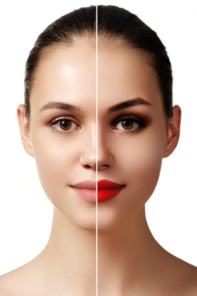 Hermosa mujer joven antes y después del maquillaje aplicar. Retrato de comparación. Dos partes de la cara del modelo con y sin maquillaje. Dos partes de la cara, con maquillaje brillante y natural —  Fotos de Stock