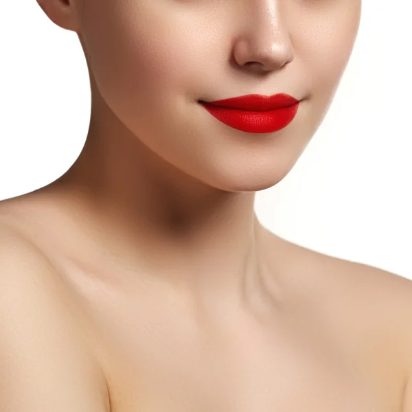 Sexy Lips. Beauty red lips makeup detail. Beautiful make-up closeup. Sensual mouth. Lipstick and lipgloss.  Beauty model woman's face close-up — Stockfoto