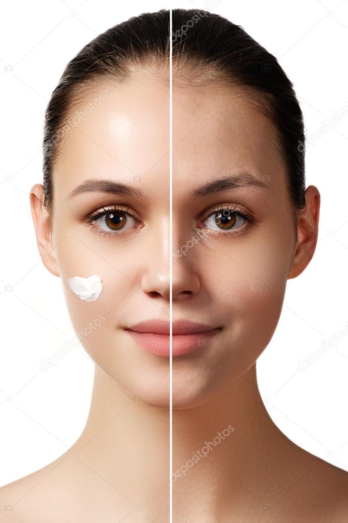 Woman before and after digital makeup and retouching makeover on face. Transformation concept.