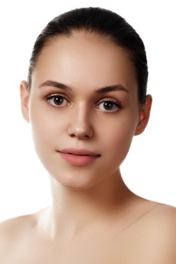Make-up & cosmetics. Closeup portrait of beautiful woman model face with clean skin on white background. Natural skincare beauty, clean soft skin. Spa treatment