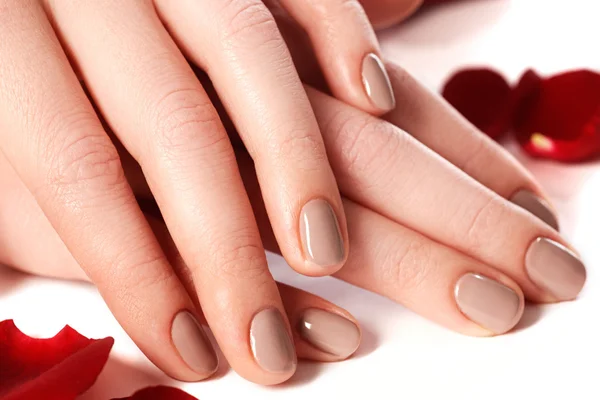 Beautiful female finger nails with natural nail closeup on petals. Perfect manicure. Woman hands with manicure natural nails closeup and rose. Skin and nail care. — 스톡 사진