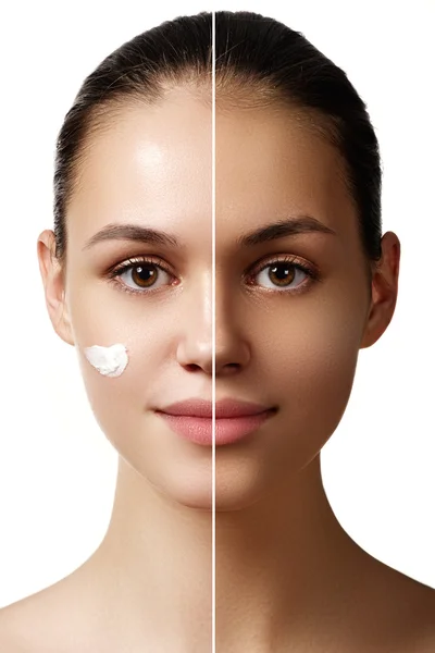 Beautiful young woman with tanned skin before and after tan. Face divided in two parts, tanned and natural. Suntan concept. Isolated on a white background