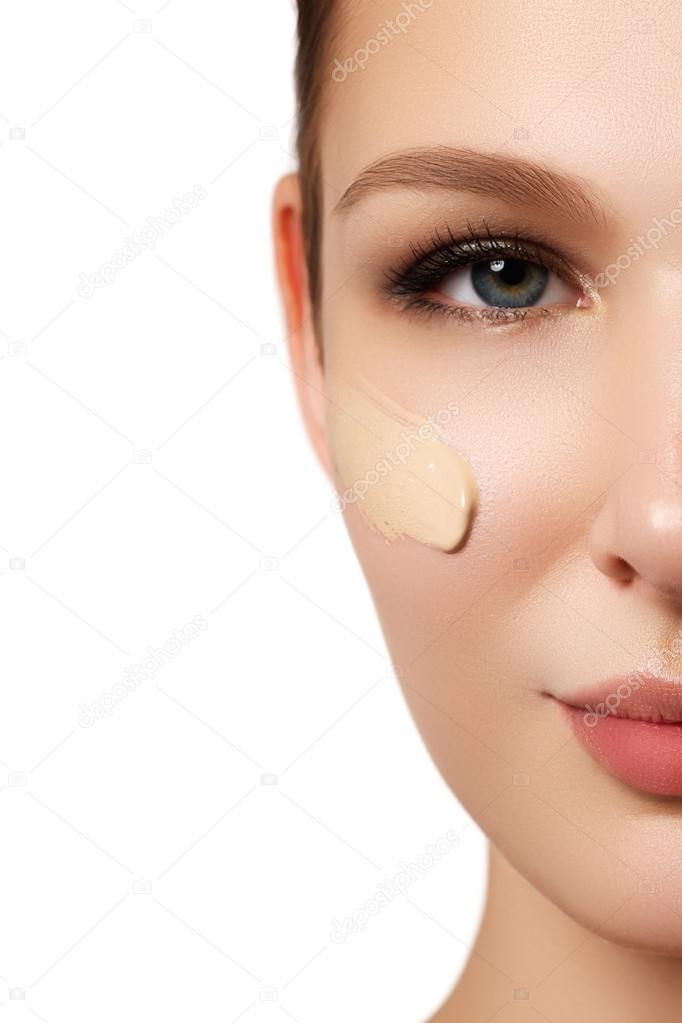 Make-up & cosmetics. Closeup portrait of beautiful woman model face with skin foundation on white background