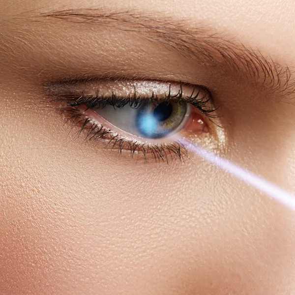Correcção da visão laser. Olho de mulher. Olho humano. Olho de mulher com correção a laser. Conceito de visão — Fotografia de Stock