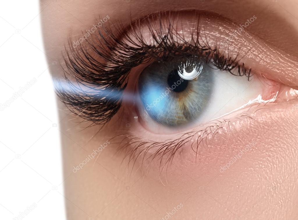 Laser vision correction. Woman's eye. Human eye. Woman eye with laser correction. Eyesight concept