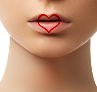 Valentine heart kiss on the Lips. Makeup. Beauty sexylips with heart shape paint. Valentines day. Beautiful love make-up clipart