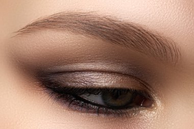 Eye makeup. Beautiful eyes make-up. Holiday makeup detail. Long eyelashes. Close-up shot of female eye make-up in smoky eyes styl