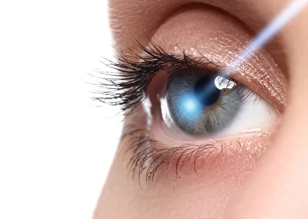 Laserowa korekcja wzroku. Kobiece oko. Ludzkie oko. Kobiece oko z laserową korekcją. Koncepcja wzroku — Zdjęcie stockowe