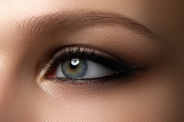 Elegance close-up of female eye with classic dark brown smoky make-up. Macro shot of woman's face part. Beauty, cosmetics and makeup. — Stock Photo, Image