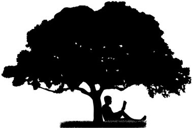 Adam bir ağacın altında oturup ve bir kitap okuma
