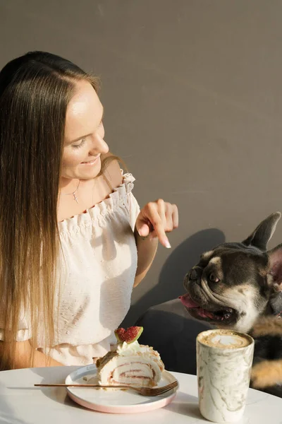 Russisches Mädchen Kommuniziert Mit Ihrem Französischen Bulldog Einem Tisch Einem — Stockfoto