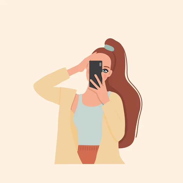 Vacker Flicka Med Långt Hår Gör Selfie Foto Ung Kvinna — Stock vektor