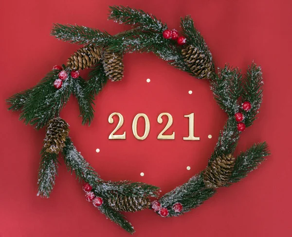 Christmas Background Decorative Wreath Numbers 2021 Festive Composition Red — Stock Photo, Image