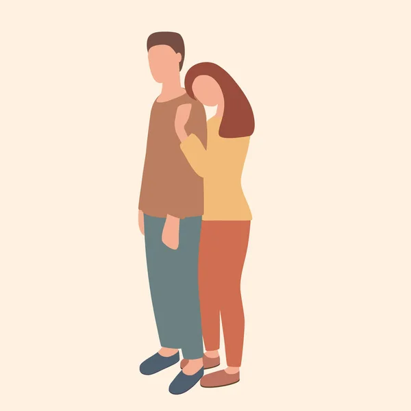 Una pareja enamorada está parada una al lado de la otra. La chica lo abraza. Caracteres de longitud completa. — Vector de stock