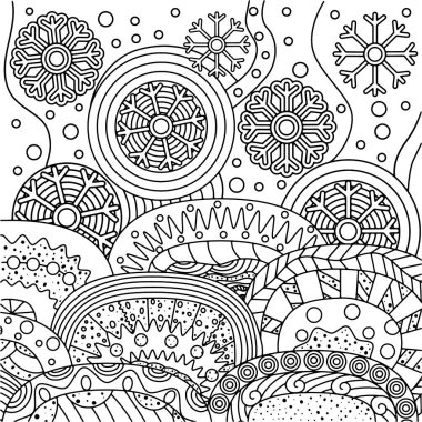 Kar taneleri ve soyut süslemelerle kaplı kış boyama kitabı. Beyaz arkaplanda siyah bir özet. 