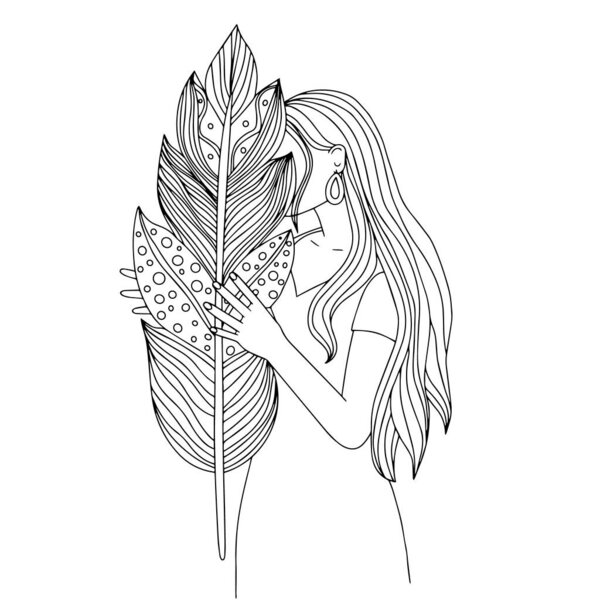 The girl holds a large feather in her hand. Silhouette of a young beautiful woman with long hair. Black outline, line art on a white background. 