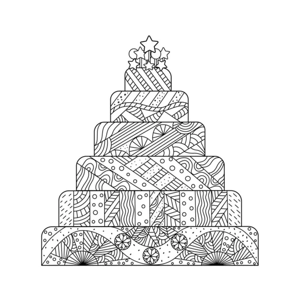 Large multi-layer cake in the shape of a Christmas tree. Black outline, sketch with an ornament on a white background. — Stock Vector