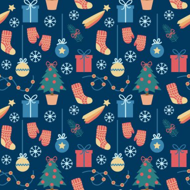 Noel ve yeni yıl temasında kusursuz bir düzen. Tatil sembolleri, ağaç, hediyeler, kar taneleri ve ışıklar.. 