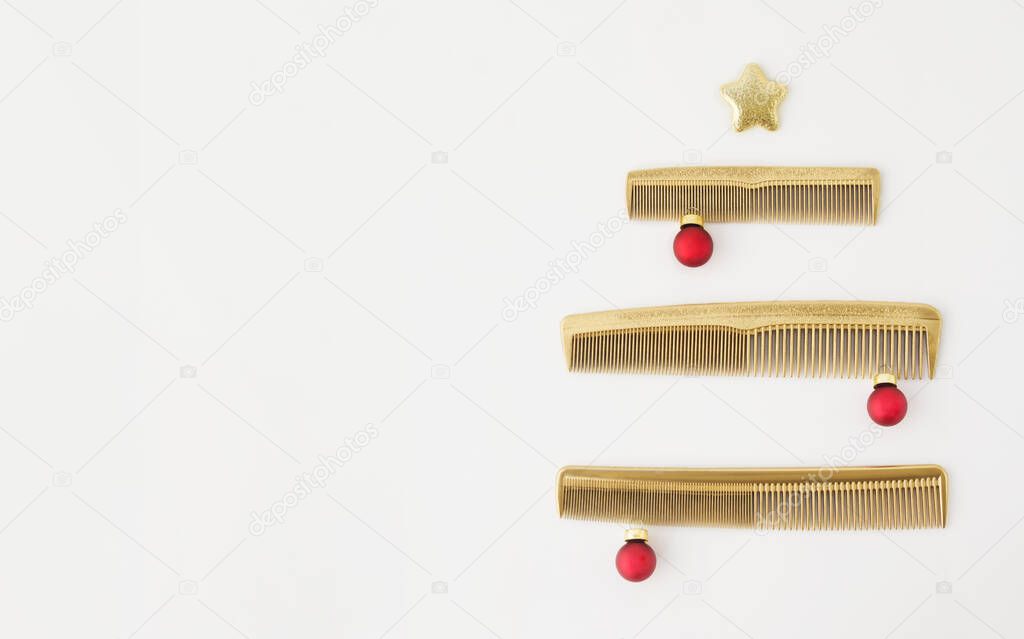 Christmas tree made of combs on a white background. New years banner for hair salon. Template for a Barber greeting card. 