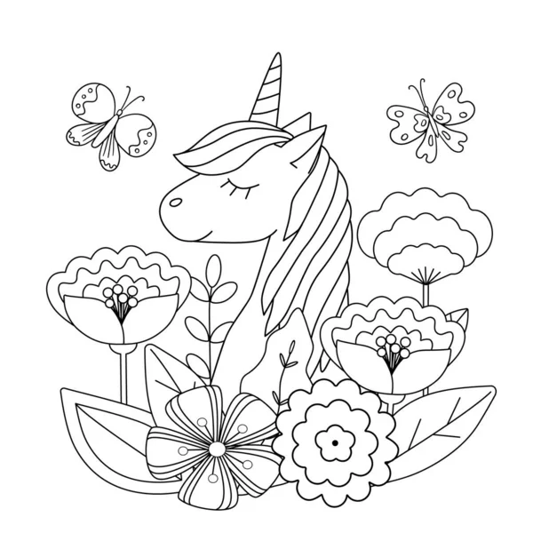 Livre Colorier Pour Enfants Avec Licorne Mignonne Fleurs Papillons Formes — Image vectorielle