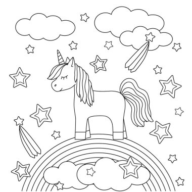 Gökkuşağında şirin bir tek boynuzlu atı olan çocuklar için boyama kitabı. Midilliler, yıldızlar ve bulutlar. Çocuk çizimleri, basit şekiller ve hatlar. Çizgi film vektör illüstrasyonu.