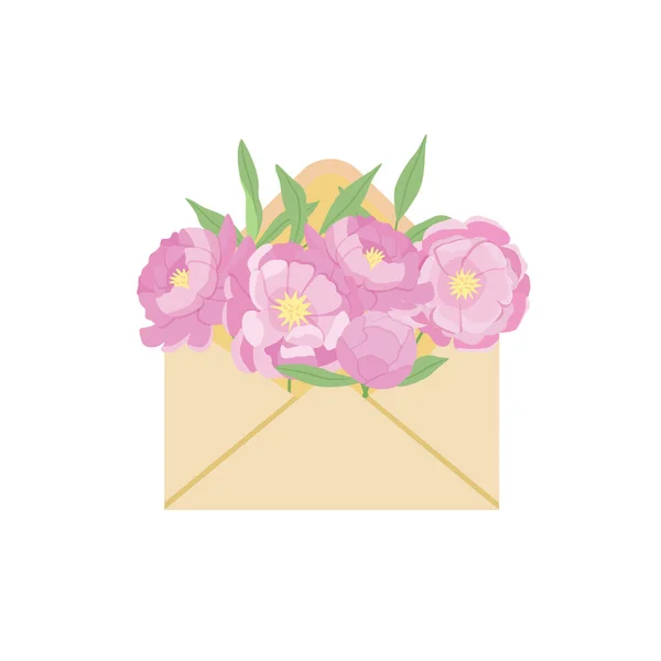 Un ramo de flores rosadas dentro del sobre. Ilustración vectorial de dibujos animados para decoración o tarjeta de felicitación. — Vector de stock