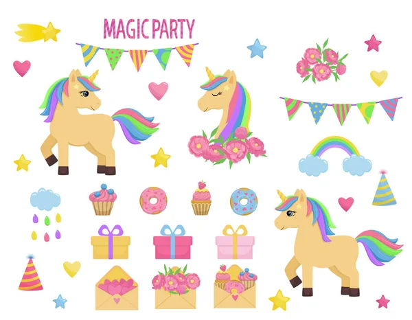 Decorazione di compleanno con unicorno, cupcake, fiori, stelle, cuori e arcobaleni. Illustrazione luminosa del vettore del fumetto per i biglietti di auguri e la decorazione. — Vettoriale Stock