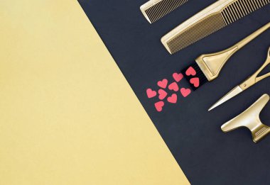Kuaför aletleriyle yaratıcı bir geçmişi var. Altın kuaför aksesuarları, boya için fırçadaki kalpler ve koyu gri ve sarı bloklar..