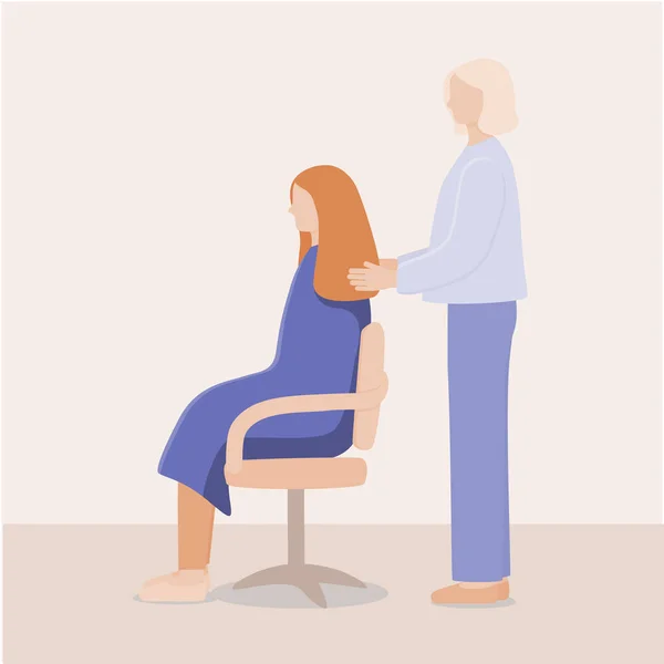 Hairdresser and client in a beauty salon. The girl in the barber chair. — Stock Vector