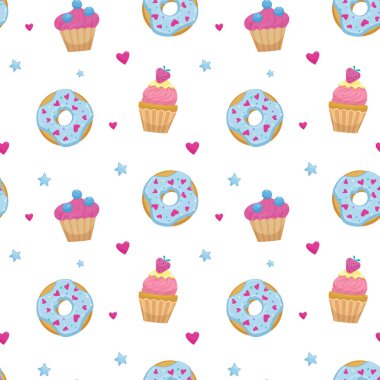 Kekler ve çöreklerle kusursuz bir düzen. Dekor ve tekstil için sevimli çizgi film vektör çizimi.