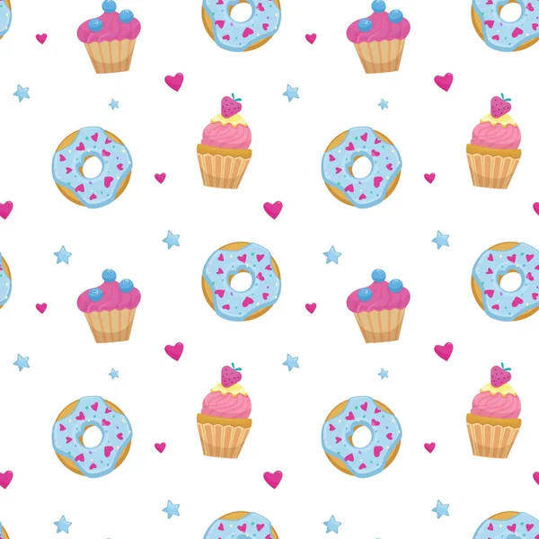 Απρόσκοπτη μοτίβο με cupcakes και ντόνατς. Χαριτωμένο εικονογράφηση φορέα κινουμένων σχεδίων για διακόσμηση και υφάσματα. — Διανυσματικό Αρχείο