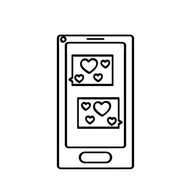 Telefon ekranında kalpleri olan mesajlar. Beyaz üzerine basit siyah özet. İnternette sohbet görüntüsü. Doodle biçiminde elle çizilmiş vektör illüstrasyonu