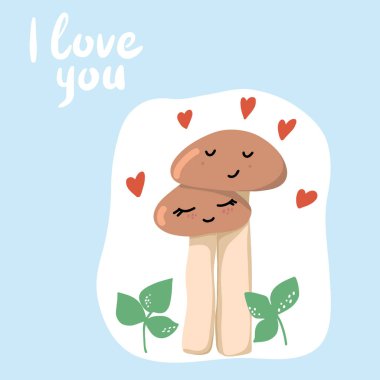 Sevimli sevgililer günü kartı, aşık iki mantar.. 