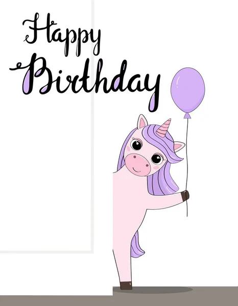 Carte de vœux mignonne avec licorne et texte d'anniversaire. — Image vectorielle