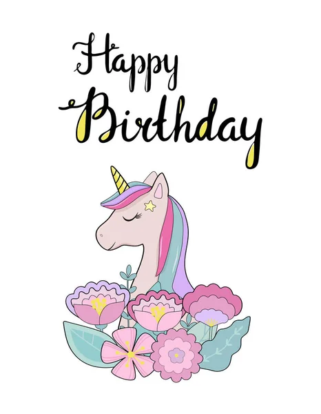 Carte de vœux avec licorne et texte joyeux anniversaire — Image vectorielle