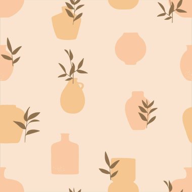 Vazolar ve pastel renkli bitki dallarıyla kusursuz desen. Kağıt, kumaş ve dekor için modern soyut vektör çizimi.