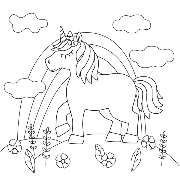 Buku mewarnai dengan indah unicorn di padang rumput - Stok Vektor