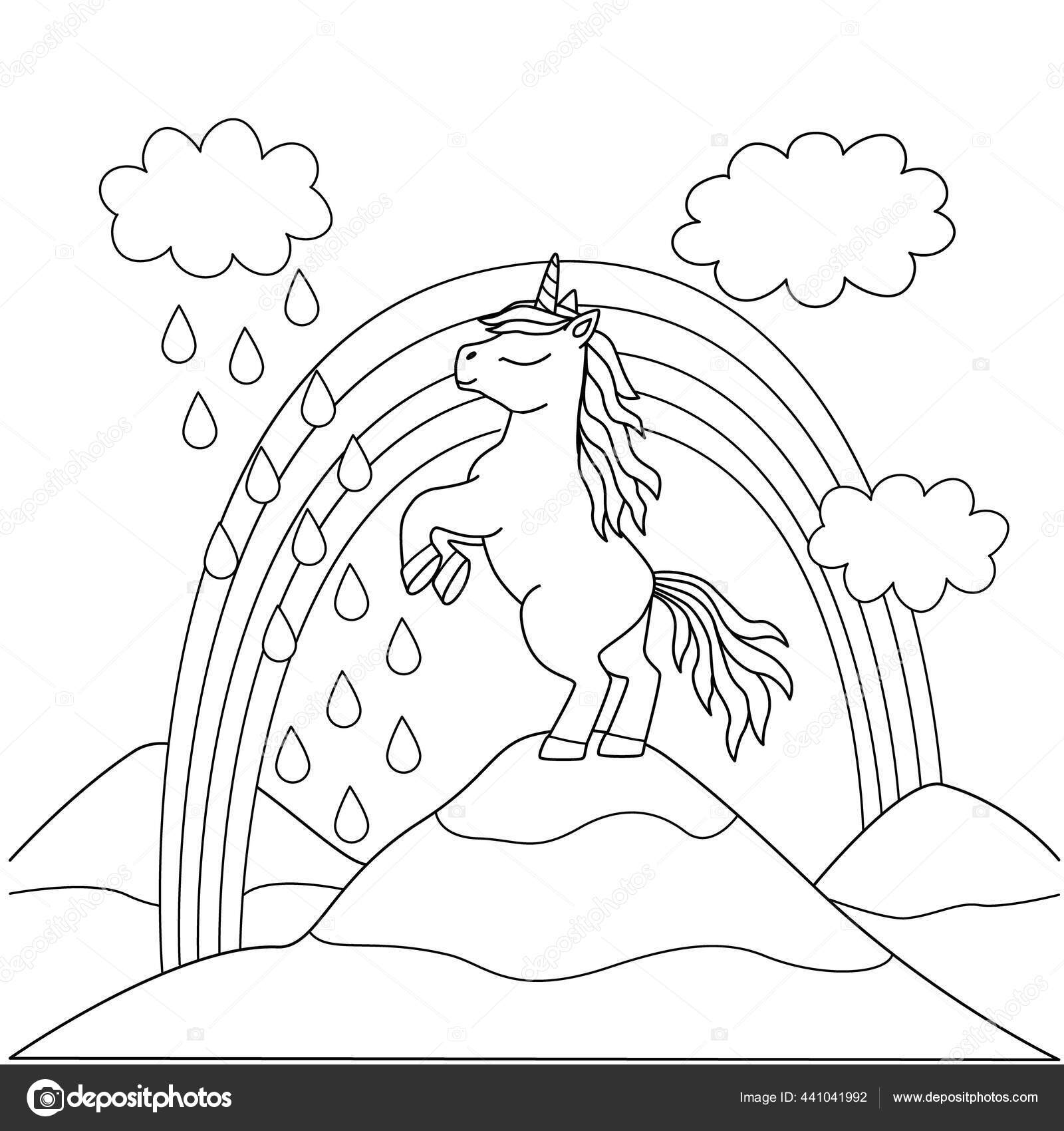 Buku Mewarnai Untuk Anak Anak Dengan Unicorn Yang Indah Di Atas Gunung Kuda Poni Yang Lucu Dengan Kaki Belakangnya